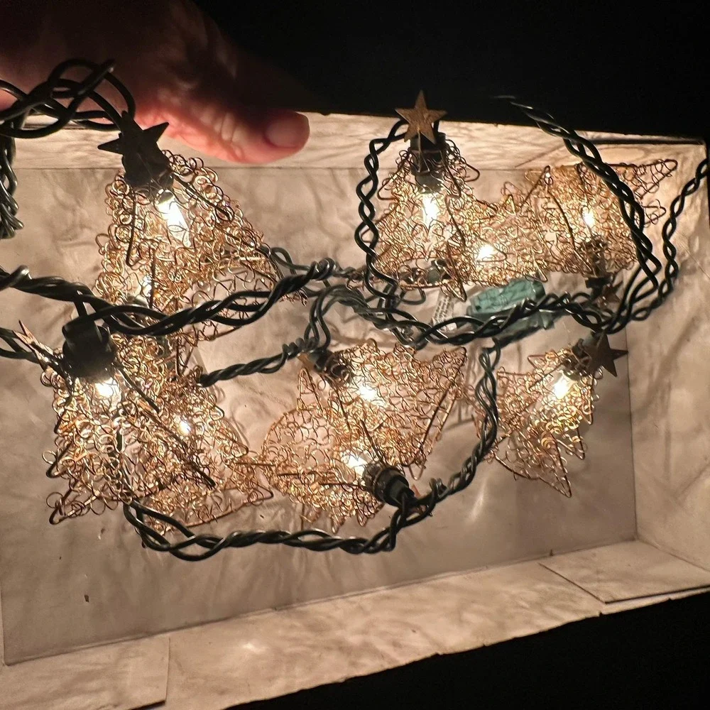 Jc Penny's Christmas string‎ lights gold tone Wire Christmas trees Stars Vintage